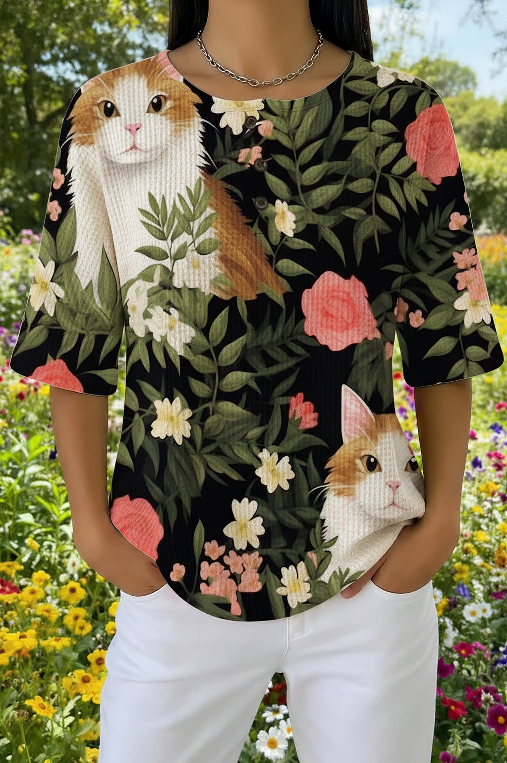 Womens Black Tropical Leaf White Cat Print Casual Shirt