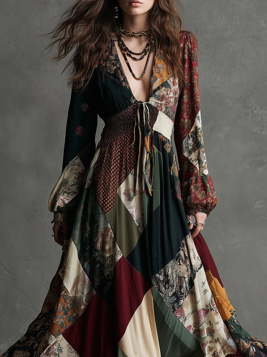 Elegant Win Over Waist Vintage Printed Cotton Blend Maxi Dress