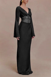 Deep V-Neck Lace Panel Bodycon Maxi Lace Dress