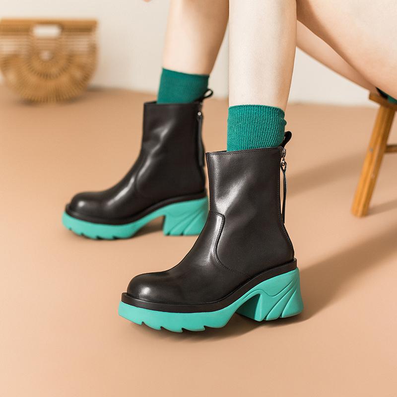 Colorful Sole Leather Short Boots Chunky Riding Boots High Heel Back Zip