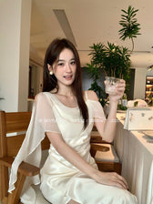 Satin Cowl Neck High Split Ruffle Slip Dress 10