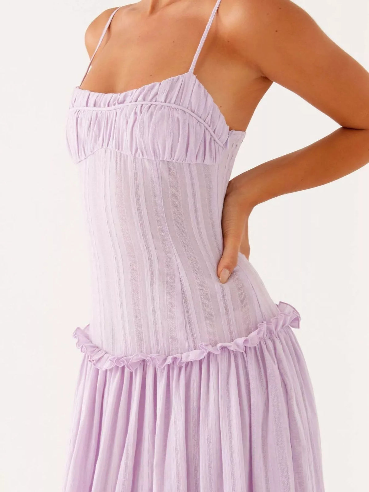 Ruched Bust Drop Waist Ruffle Trim Cami Maxi Dress 20