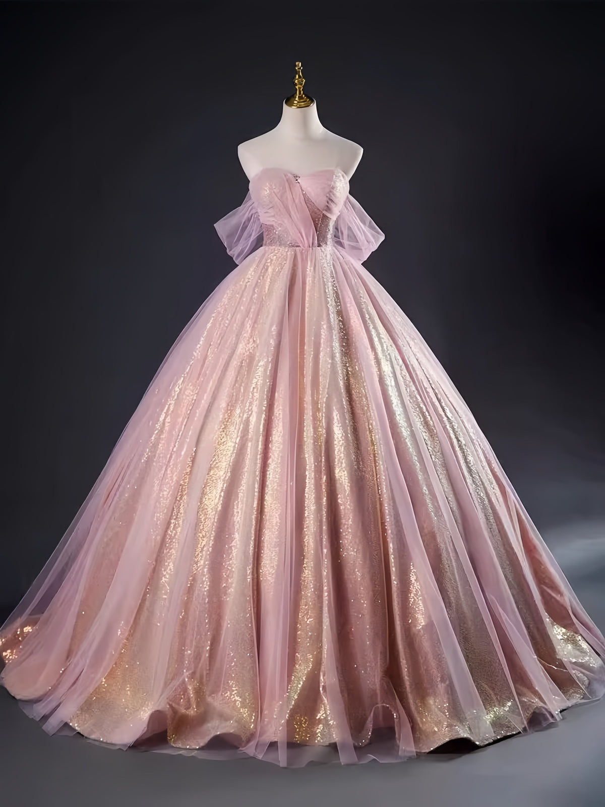 Strapless Sequin Tulle Overlay Pleated Bodice Ball Gown