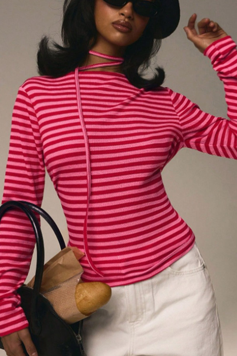 Stretchy Striped Crew Neck Long Sleeve Top