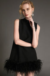 Black Sleeveless Mock Neck Feather-Trimmed Mini Dress - View 3