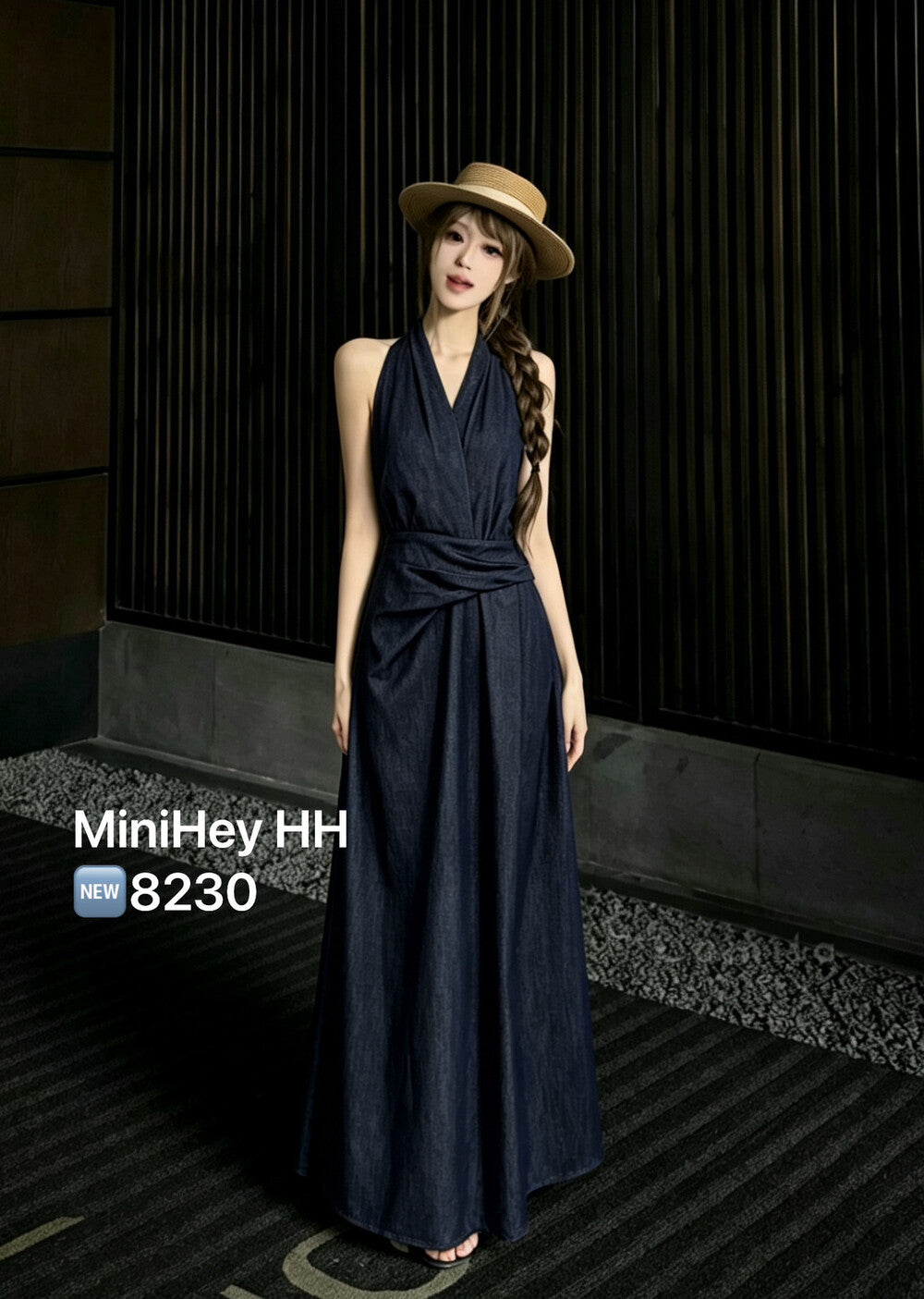 Denim Halter Neck Sleeveless Twist Waist Maxi Dress 2