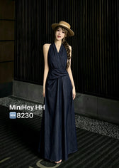 Denim Halter Neck Sleeveless Twist Waist Maxi Dress 2