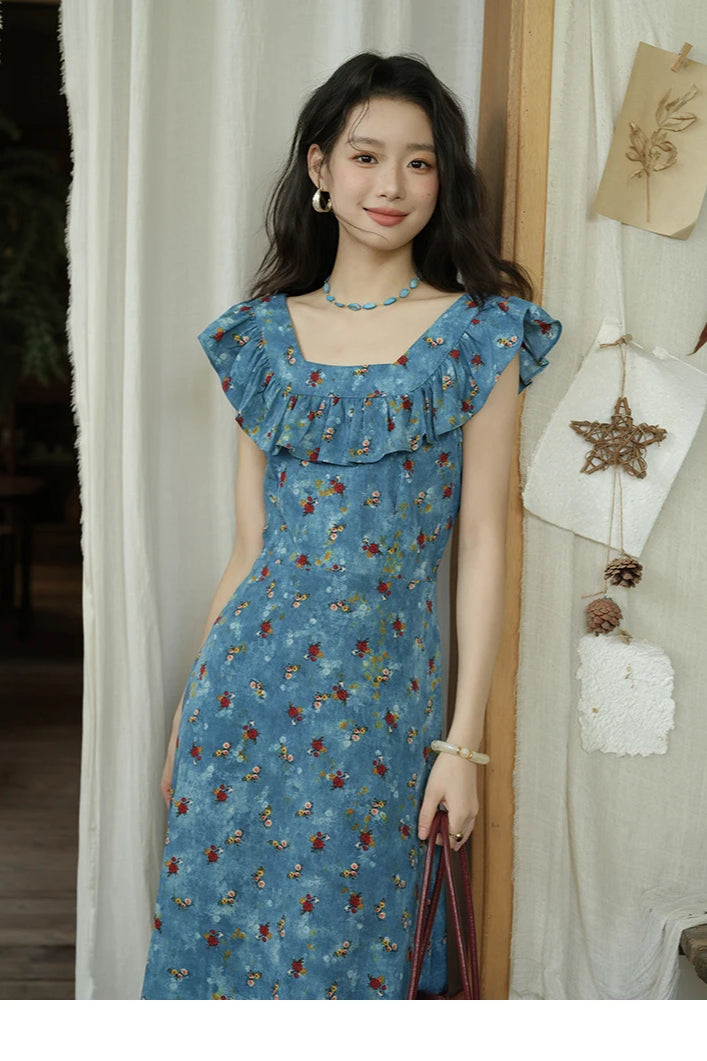 VNeck Ruffled Midi Floral Dress