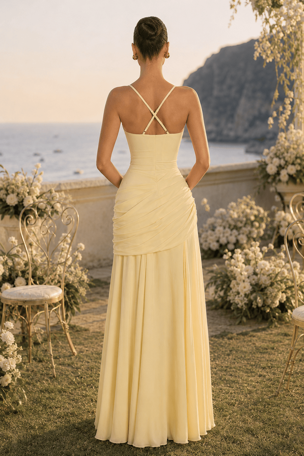 Solid Plunge Ruched Waist Backless Slip Dress