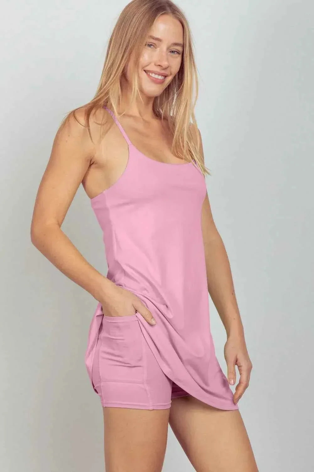 Spaghetti Strap Scoop Neck Active Tennis Mini Dress with Pocket Shorts