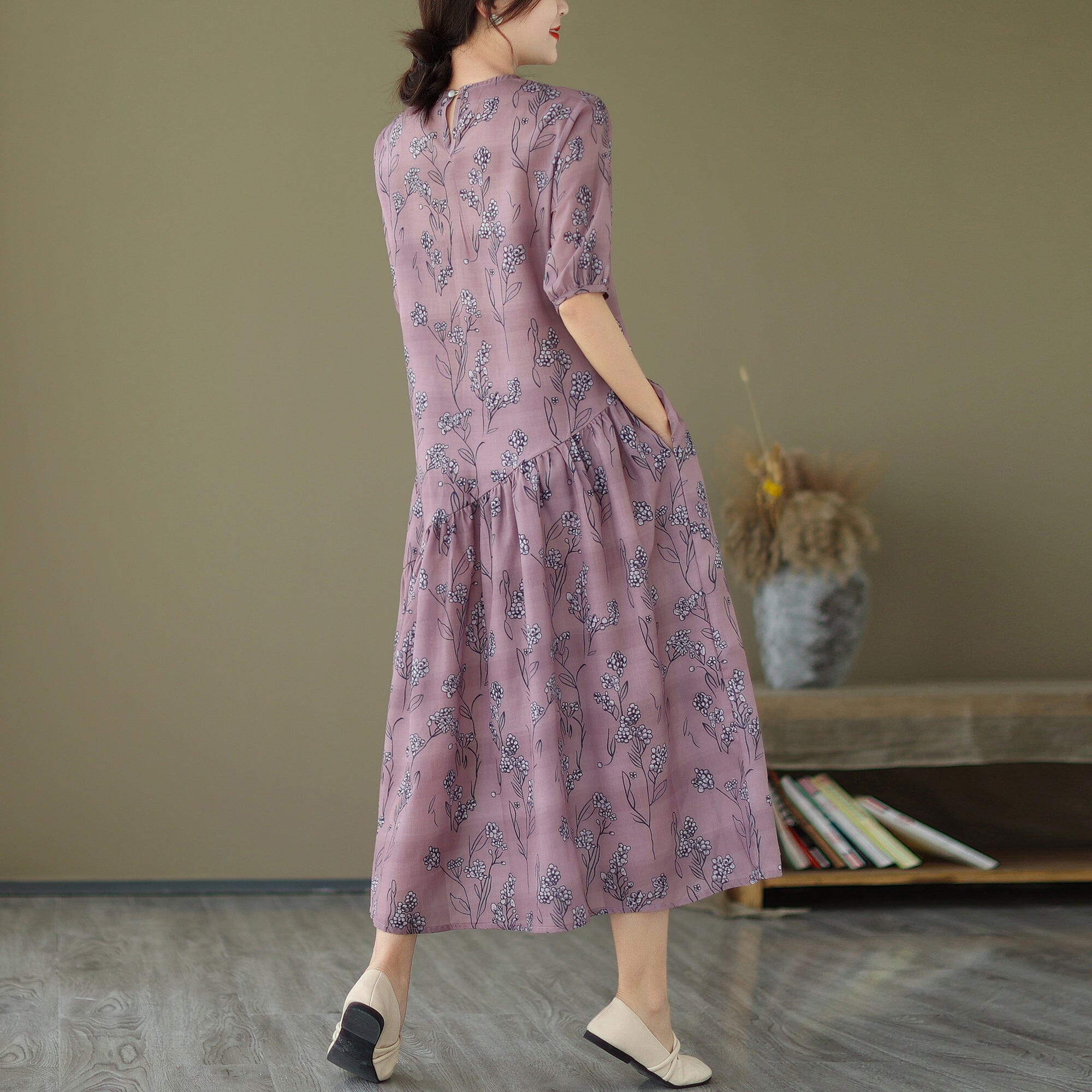 Floral Print Round Neck Short Puff Sleeve Asymmetrical Ruffle Tier Midi Dress
