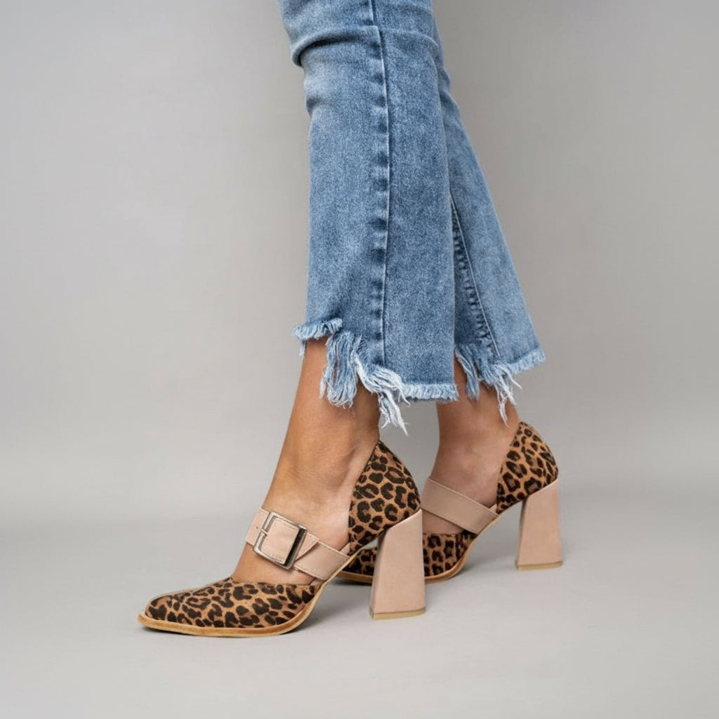 Pointed Toe Buckle Strap Block Heel Pumps
