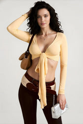 Wrap Tie V Neck Long Sleeve Cropped Crop Top