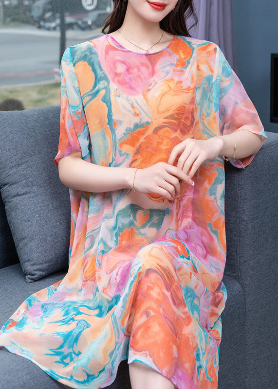 Abstract Marble Print Round Neck Butterfly Sleeve Chiffon Shift Midi Dress