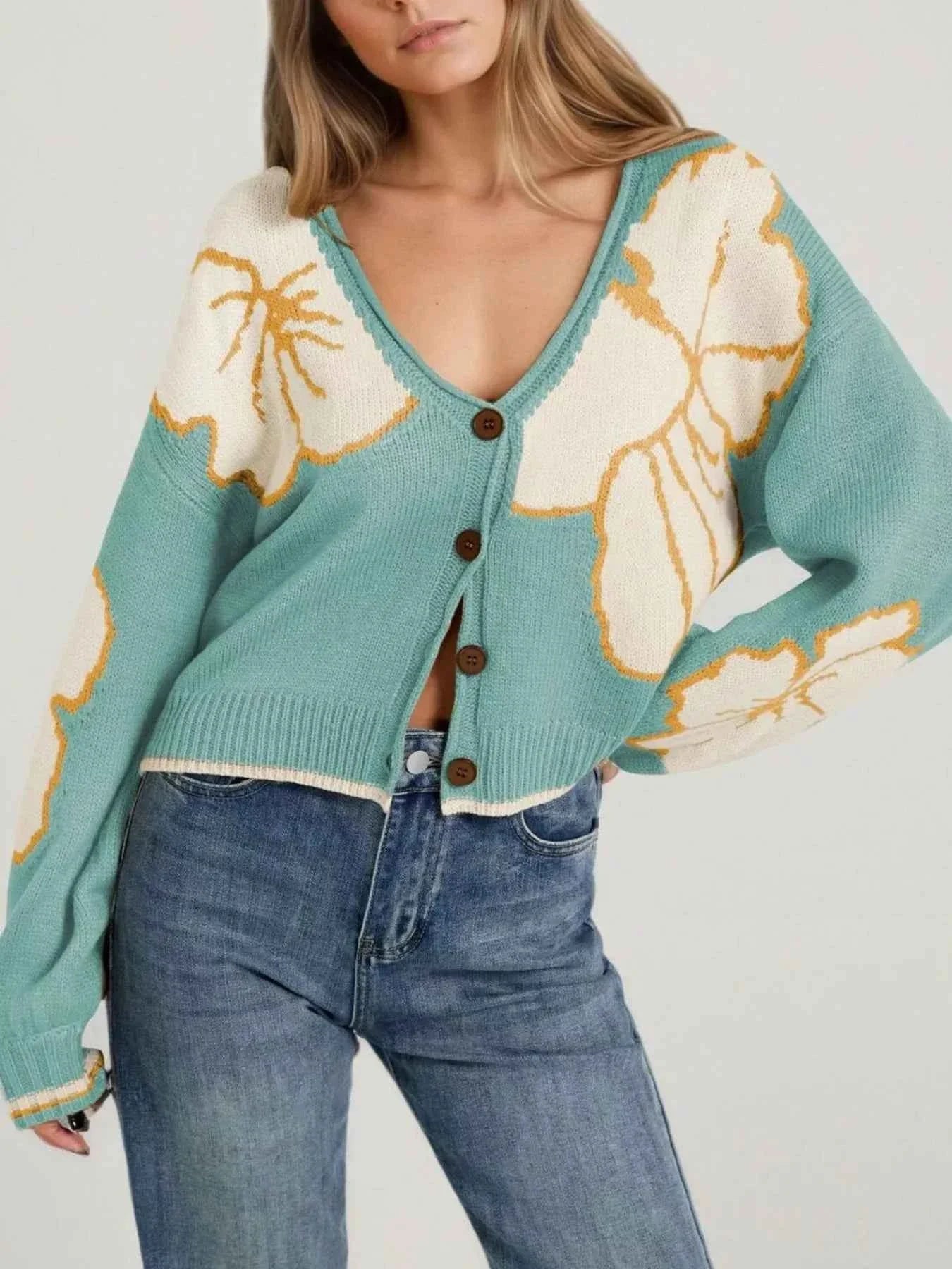V-Neck Button-Down Knit Cardigan