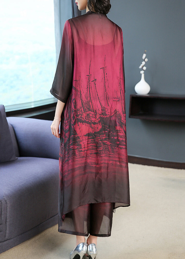 Abstract Print V-Neck Mandarin Collar Three-Quarter Sleeve Button Front Midi Dress