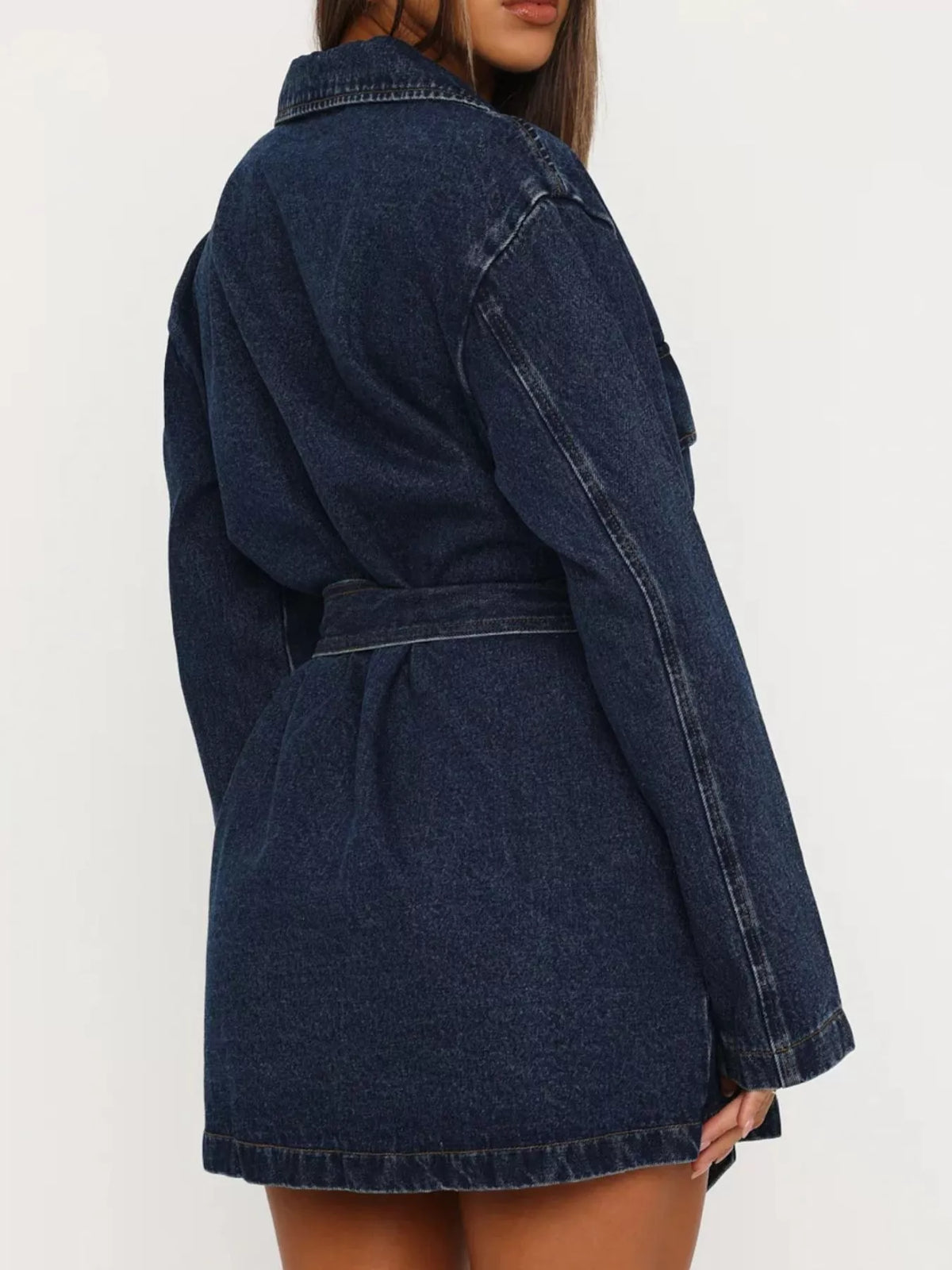 Belted Lapel Collar Flap Pocket Longline Denim Jacket 4
