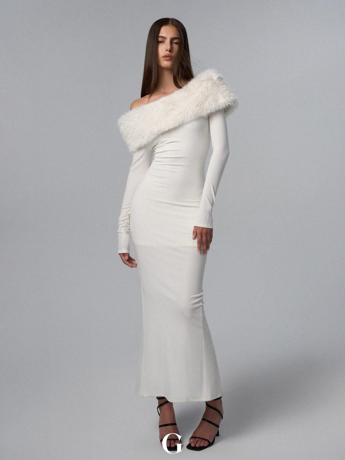 Faux Fur Off Shoulder Long Sleeve Bodycon Maxi Dress
