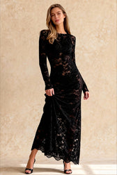 Jacquard Sheer Lace Long Sleeve Mermaid Maxi Dress 3
