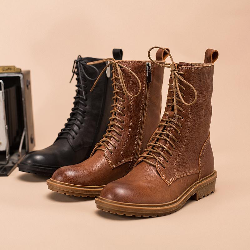 Full grain leather Combat Boots Designer Retro Chunky Buckle Boots Side Zip Brown/Black