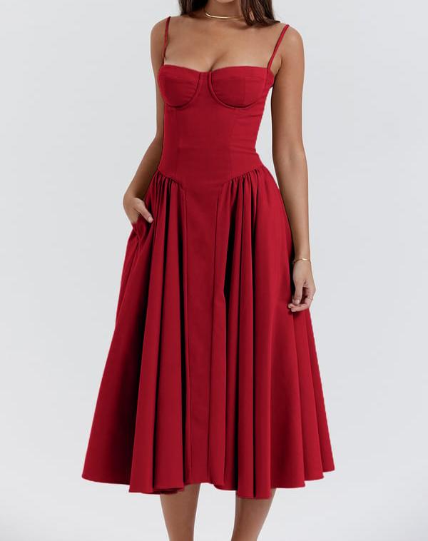 Spaghetti Strap Sweetheart Corset Fit and Flare Midi Dress