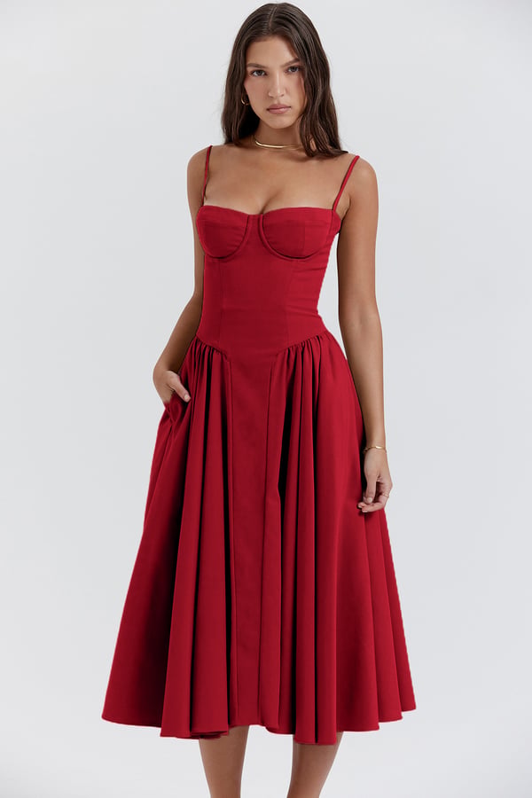 Milagros Premium Open-Shoulder Midi Dress with a Corset Fit Elevated Occasion Wear