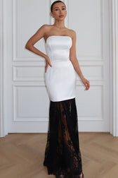 Strapless Lace Panel Backless Tie Maxi Lace Dress