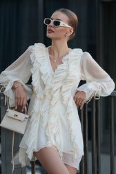 Chiffon Lantern Sleeve Tie Midi Dress