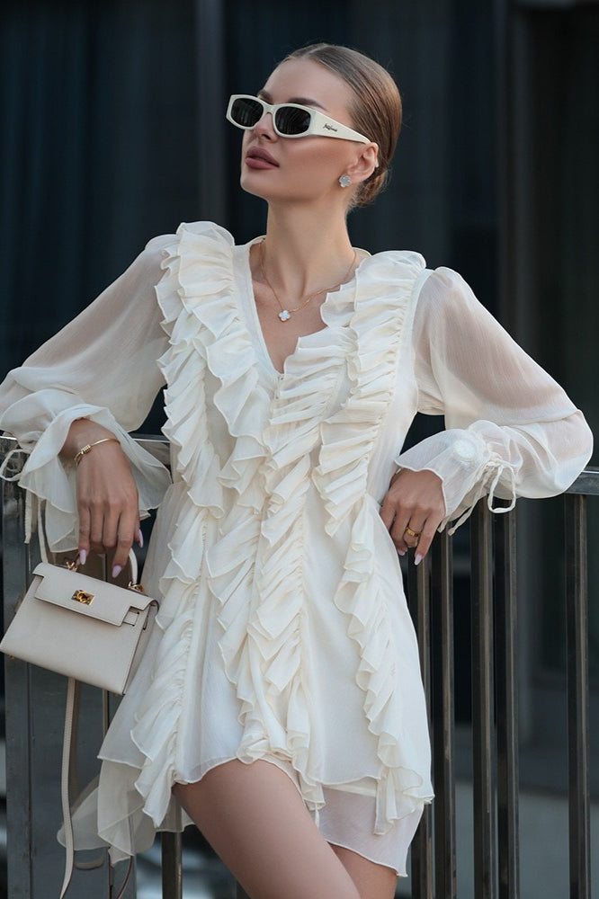Sheer Chiffon Ruffle Front Lantern Sleeve Tie Cuff Mini Dress