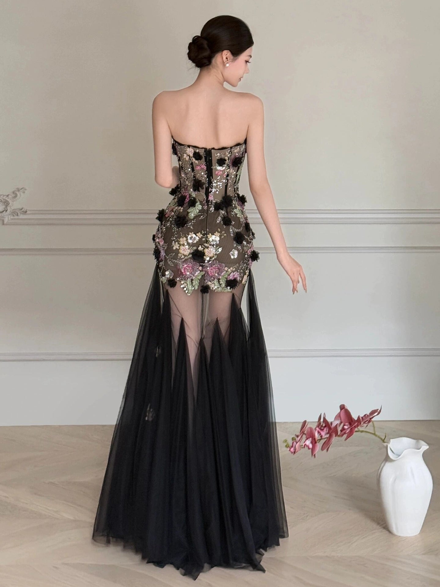 Black Long Prom Dress With Flowers Formal Evening Party Dress Birthday Outfit