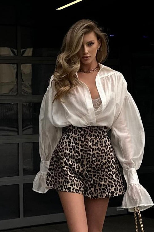 Collared Balloon Sleeve Ruffle Cuff Button Front Oversized Blouse 3