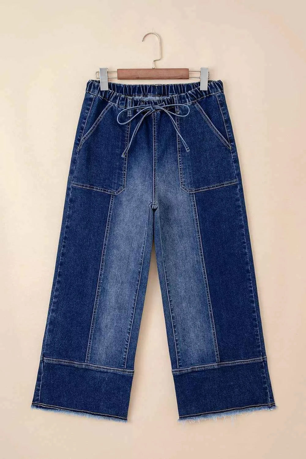 Drawstring Seam Detail Raw Hem Wide Leg Denim Pants