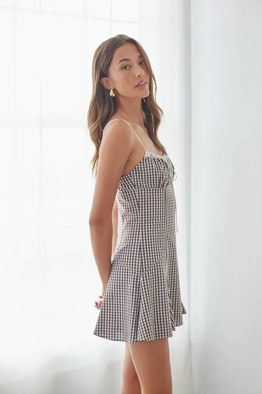 Gingham Lace Trim Tie Front Cami Fit and Flare Mini Dress 12