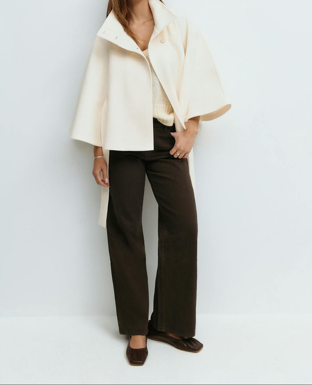 High Neck Button Front Belted Cape Jacket