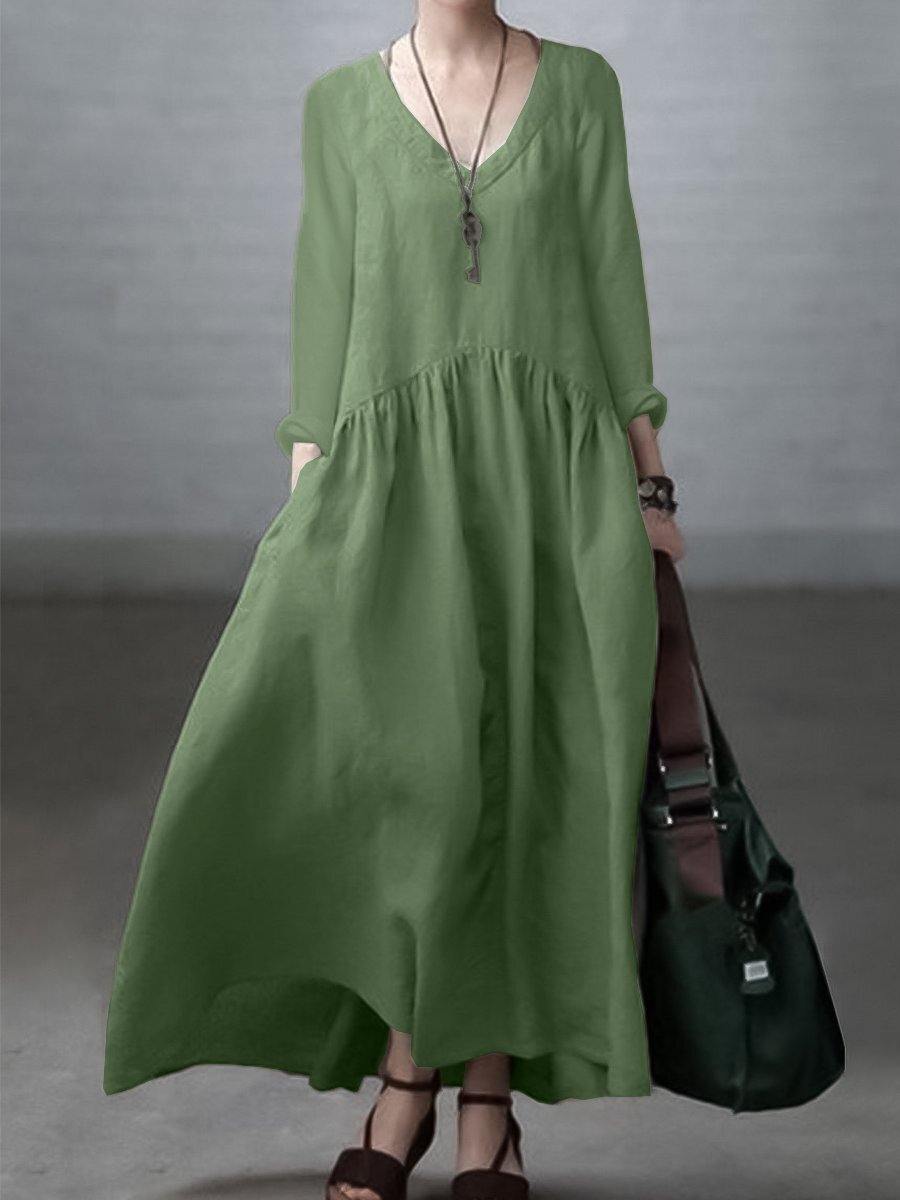 V-Neck Long Sleeve Pocket Drop Waist Maxi Dress 4