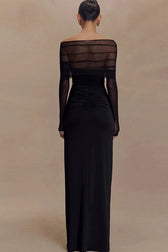 Mesh Patchwork See Through Full Sleeve Slash Neck Maxi Dress 6