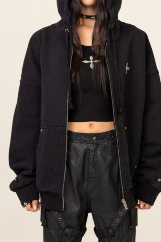 Floral Cross Print Zip Hoodie