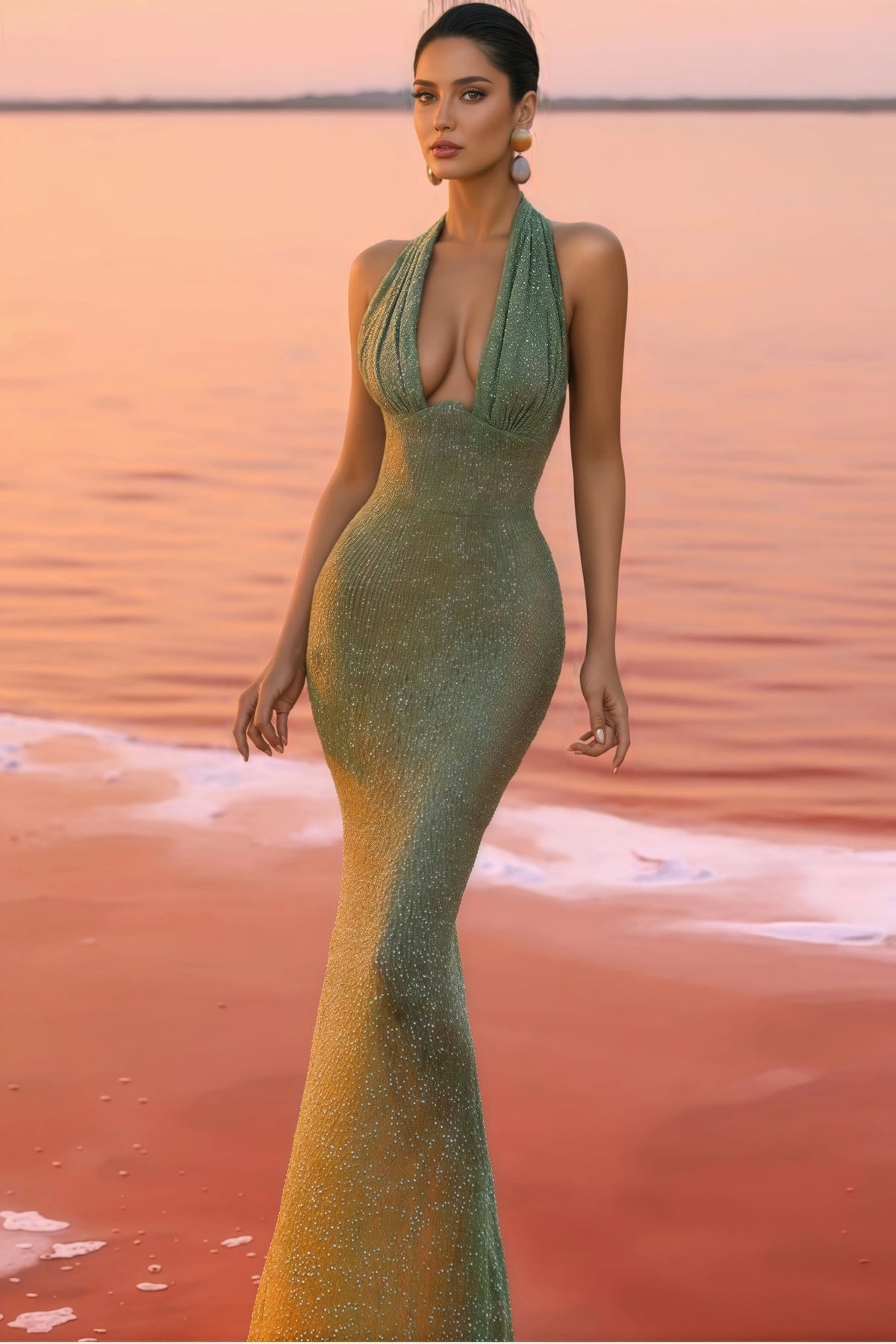 Sequin Halter Neck Plunging Ruched Bust Mermaid Maxi Dress 2