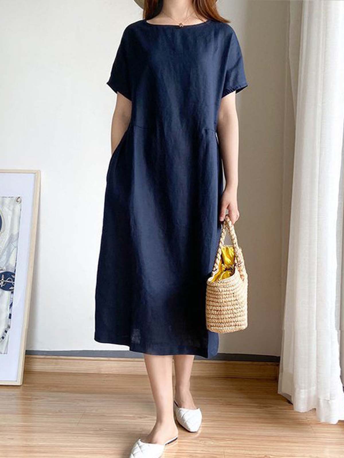 Round Neck Short Sleeve Gathered Empire Waist Pocket A-Line Midi Dress