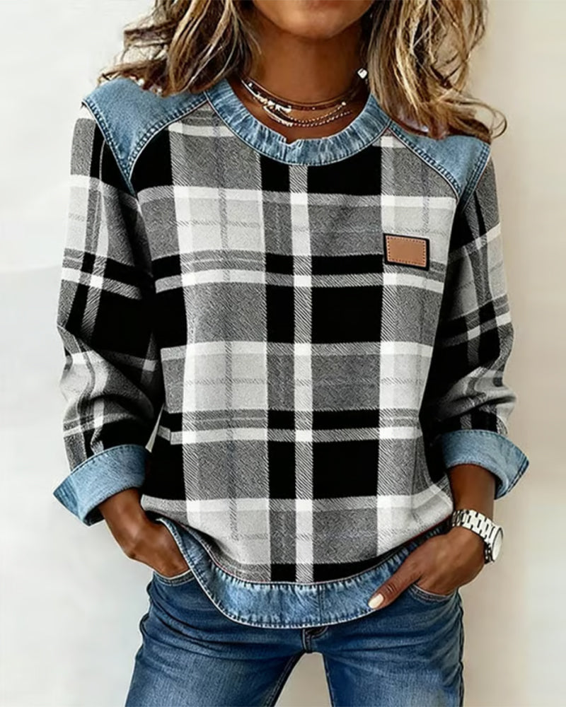 Crew Neck Plaid Denim Contrast Long Sleeve Sweatshirt