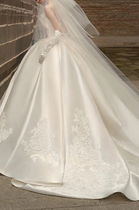 Strapless Satin Cathedral Train Wedding Dress in White - View 2