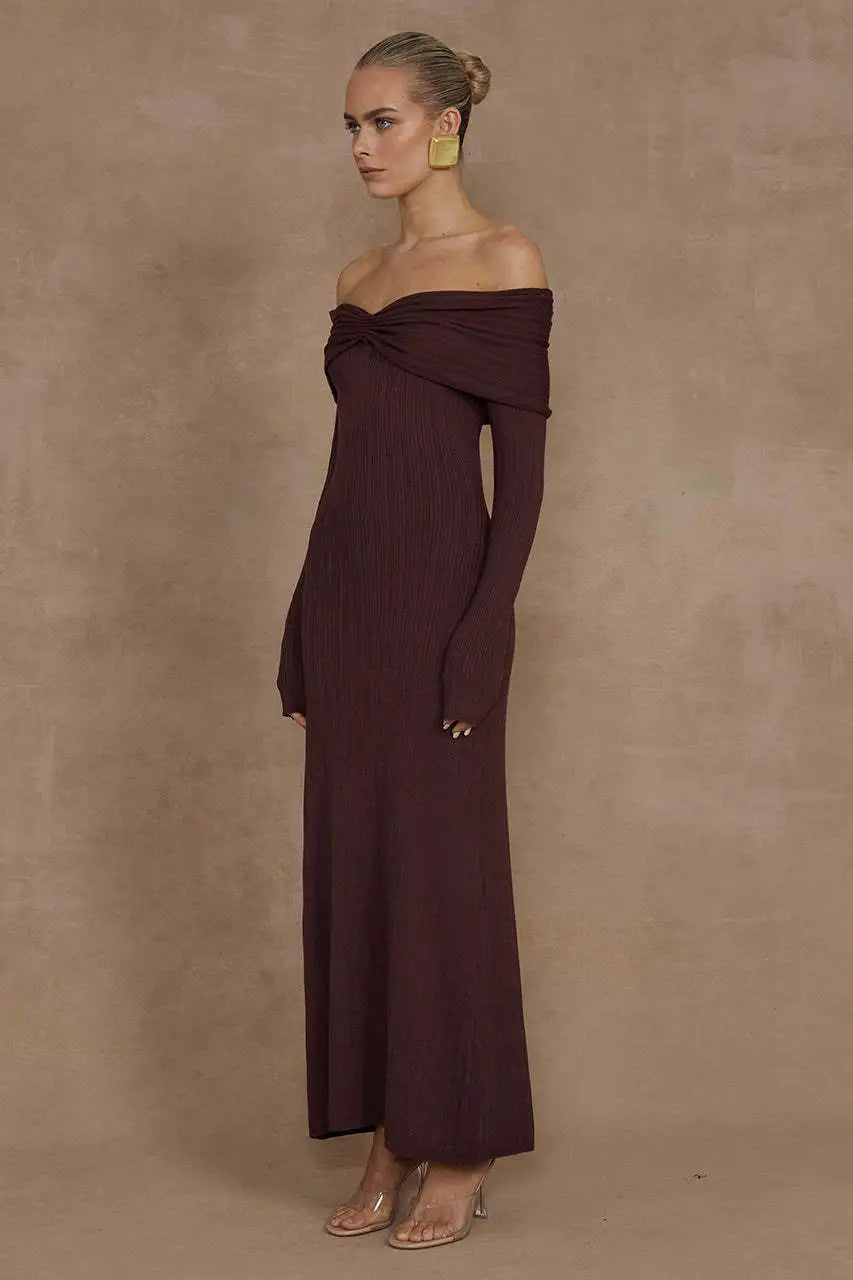 Off Shoulder Long Sleeve Ribbed Knit Twist Front Maxi Dress 4