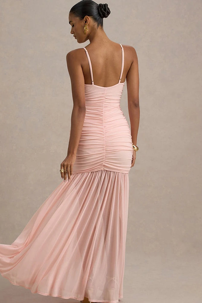 Patchwork V-Neck Ruched Backless Maxi Dress