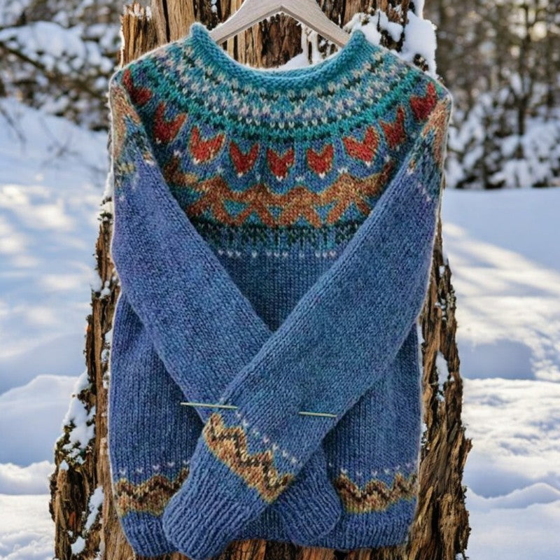 Crew Neck Long Sleeve Fair Isle Knit Sweater