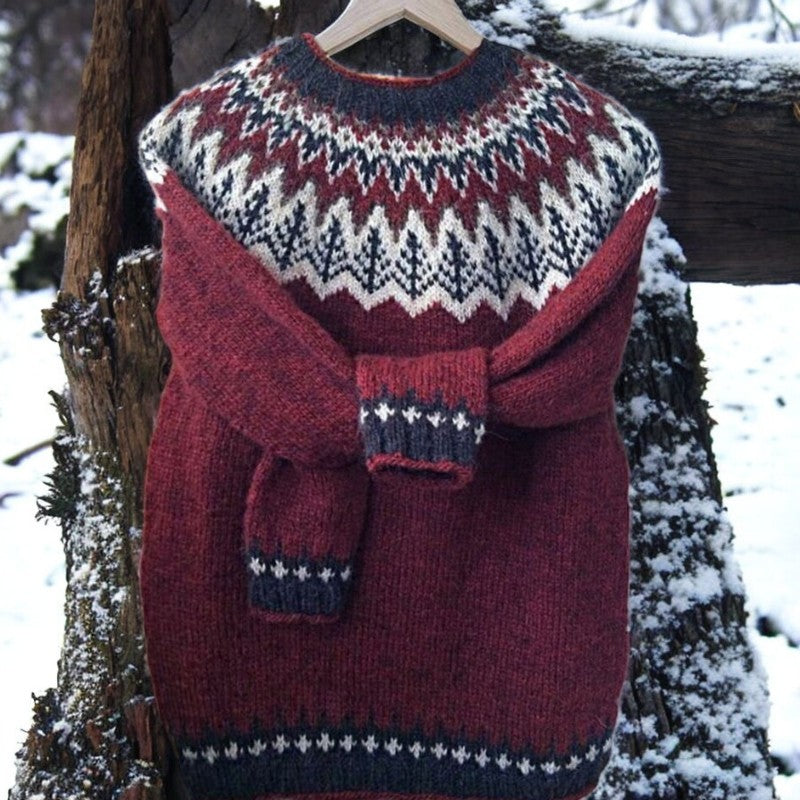 Fair Isle Yoke Crew Neck Long Sleeve Knit Sweater