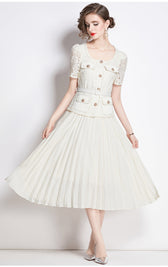 Faux Two Piece Lace Long Sleeve Pleated Midi Dress 40