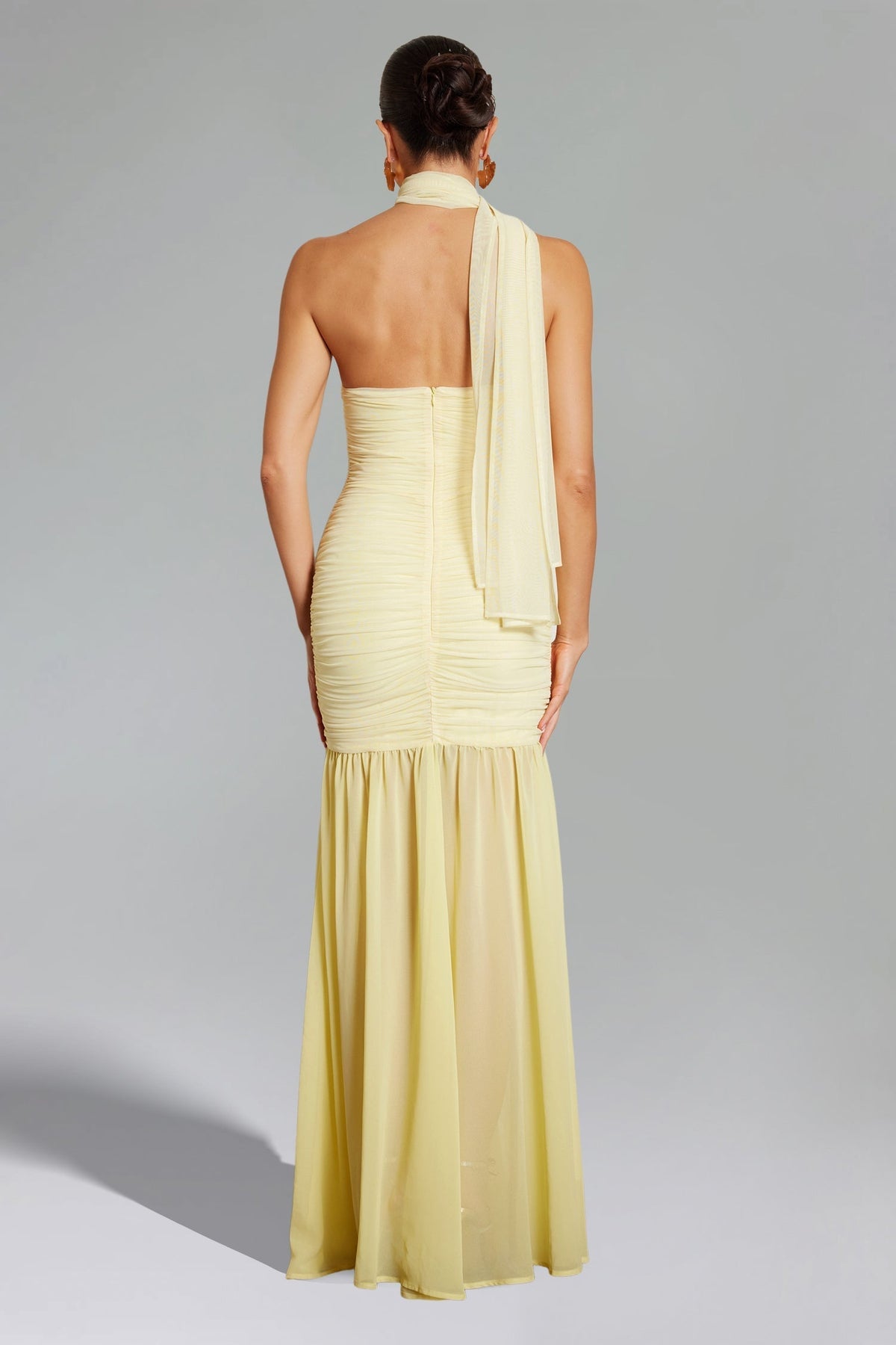 Sheer Mesh Asymmetric Halter Neck Ruched Bodice Mermaid Maxi Dress 9