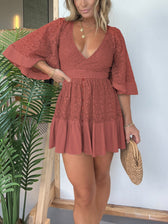 Lace V-Neck Bell Sleeve Tiered Mini Dress 7