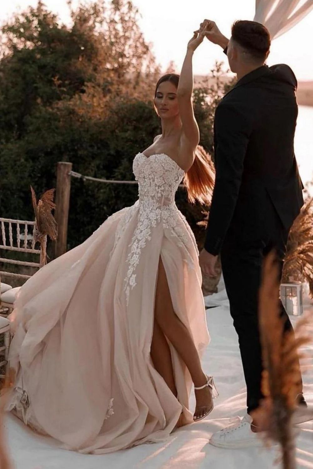 Gorgeous A Line Sweetheart Champagne Long Wedding Dress with Appliques