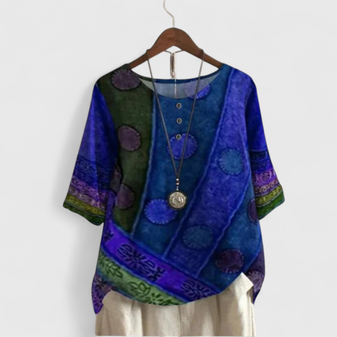 Round Neck Half Sleeve Polka Dot Patchwork Print Top